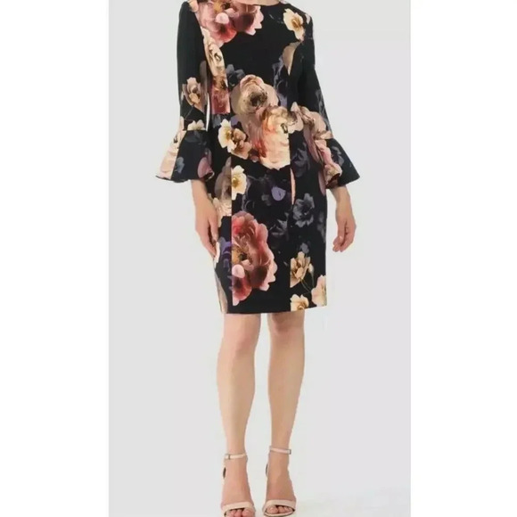 Joseph Ribkoff Women 8 Sheath Dress Floral 3/4 Bell Sleeve Formal Wedding Guest - Picture 1 of 8